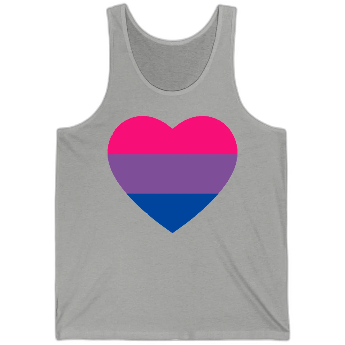 Heart shape filled with bisexual pride flag stripes in magenta, purple, and dark blue on gray background in Athletic Heather
