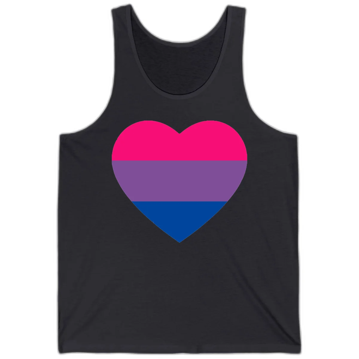 Heart shape filled with bisexual pride flag stripes in magenta, purple, and dark blue on gray background in Dark Grey