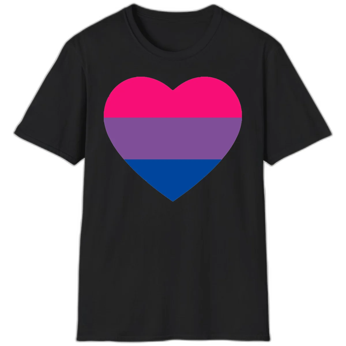 Heart shape filled with bisexual pride flag stripes in magenta, purple, and dark blue on gray background in Black