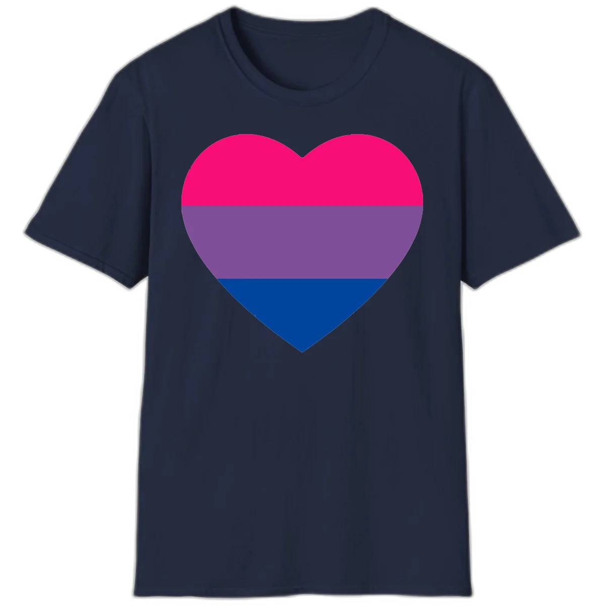 Heart shape filled with bisexual pride flag stripes in magenta, purple, and dark blue on gray background in Navy