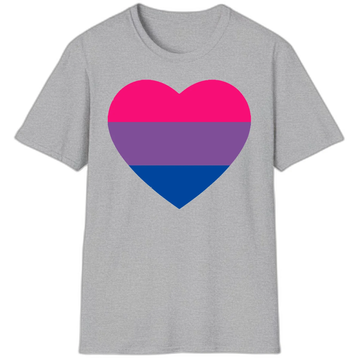 Heart shape filled with bisexual pride flag stripes in magenta, purple, and dark blue on gray background in Sport Grey