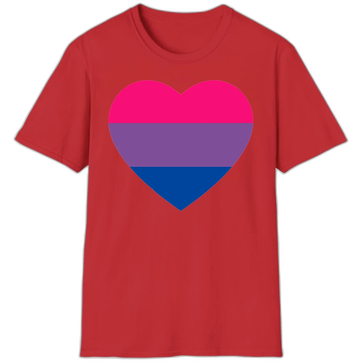 Heart shape filled with bisexual pride flag stripes in magenta, purple, and dark blue on gray background in Red
