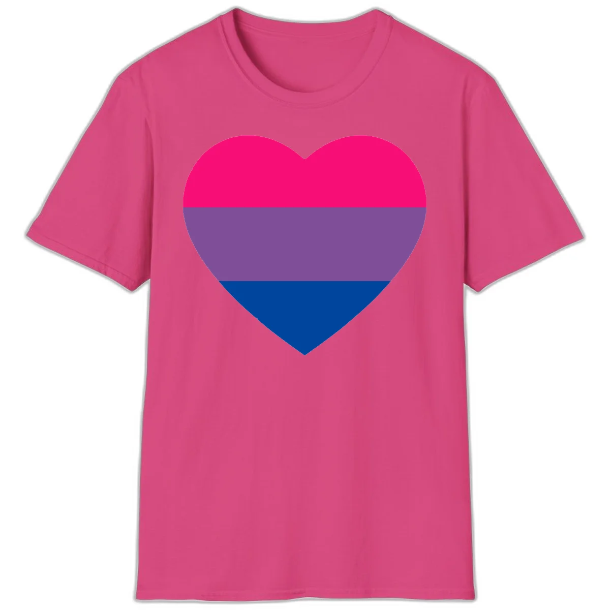 Heart shape filled with bisexual pride flag stripes in magenta, purple, and dark blue on gray background in Heliconia