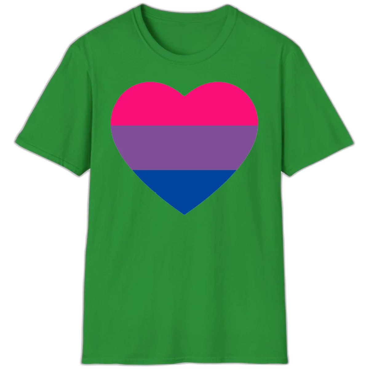 Heart shape filled with bisexual pride flag stripes in magenta, purple, and dark blue on gray background in Irish Green