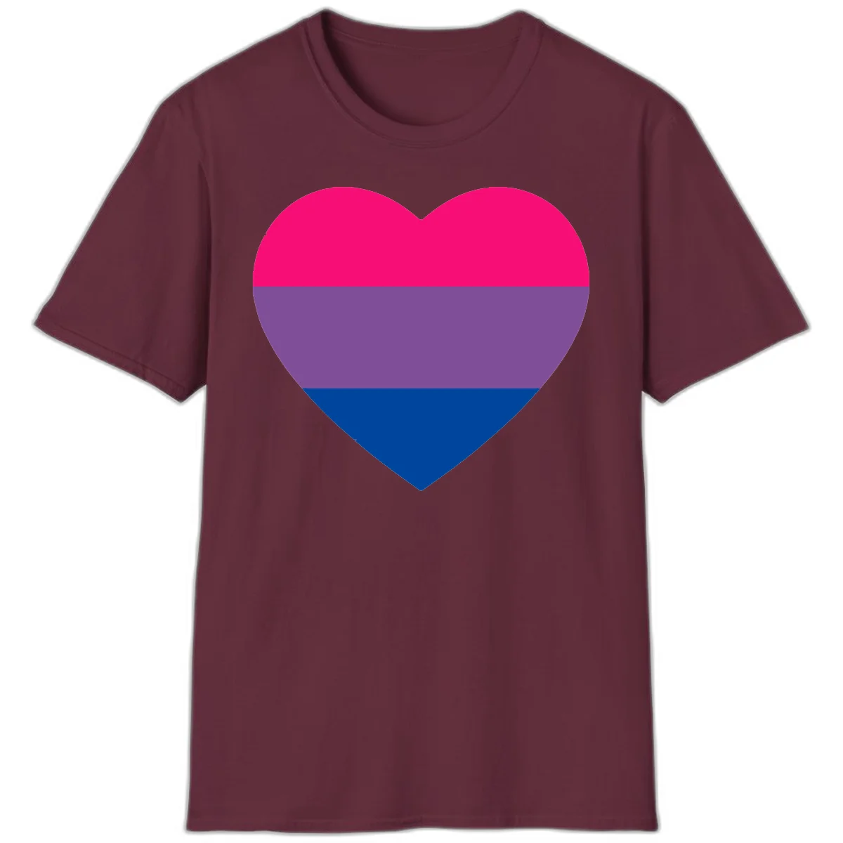 Heart shape filled with bisexual pride flag stripes in magenta, purple, and dark blue on gray background in Maroon