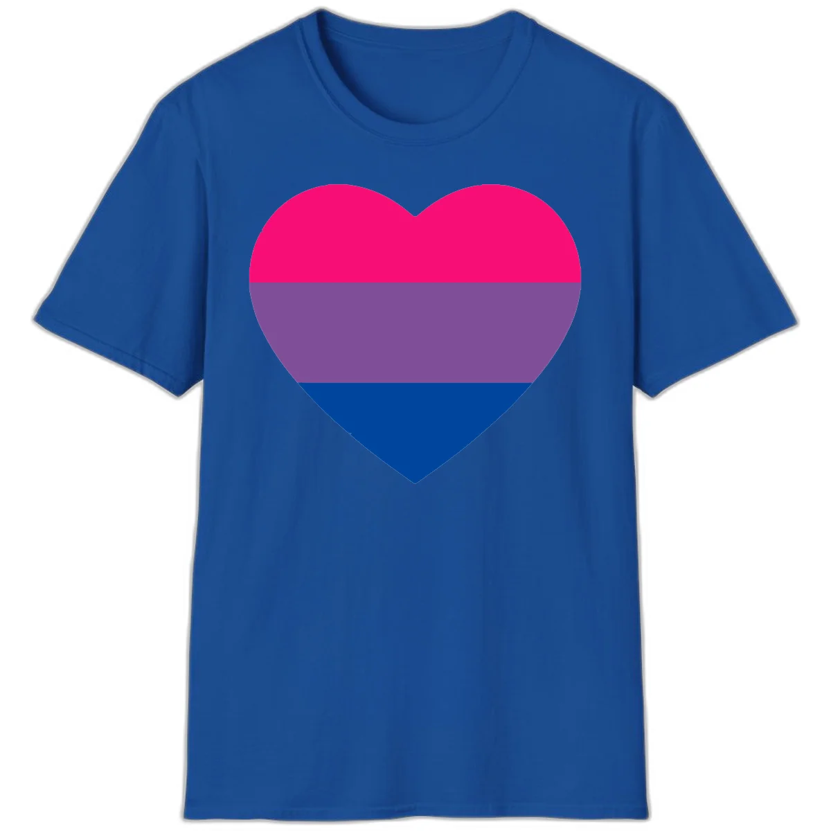 Heart shape filled with bisexual pride flag stripes in magenta, purple, and dark blue on gray background in Royal