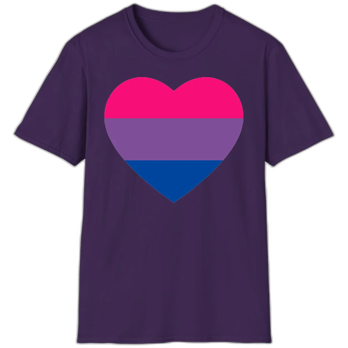 Heart shape filled with bisexual pride flag stripes in magenta, purple, and dark blue on gray background in Purple