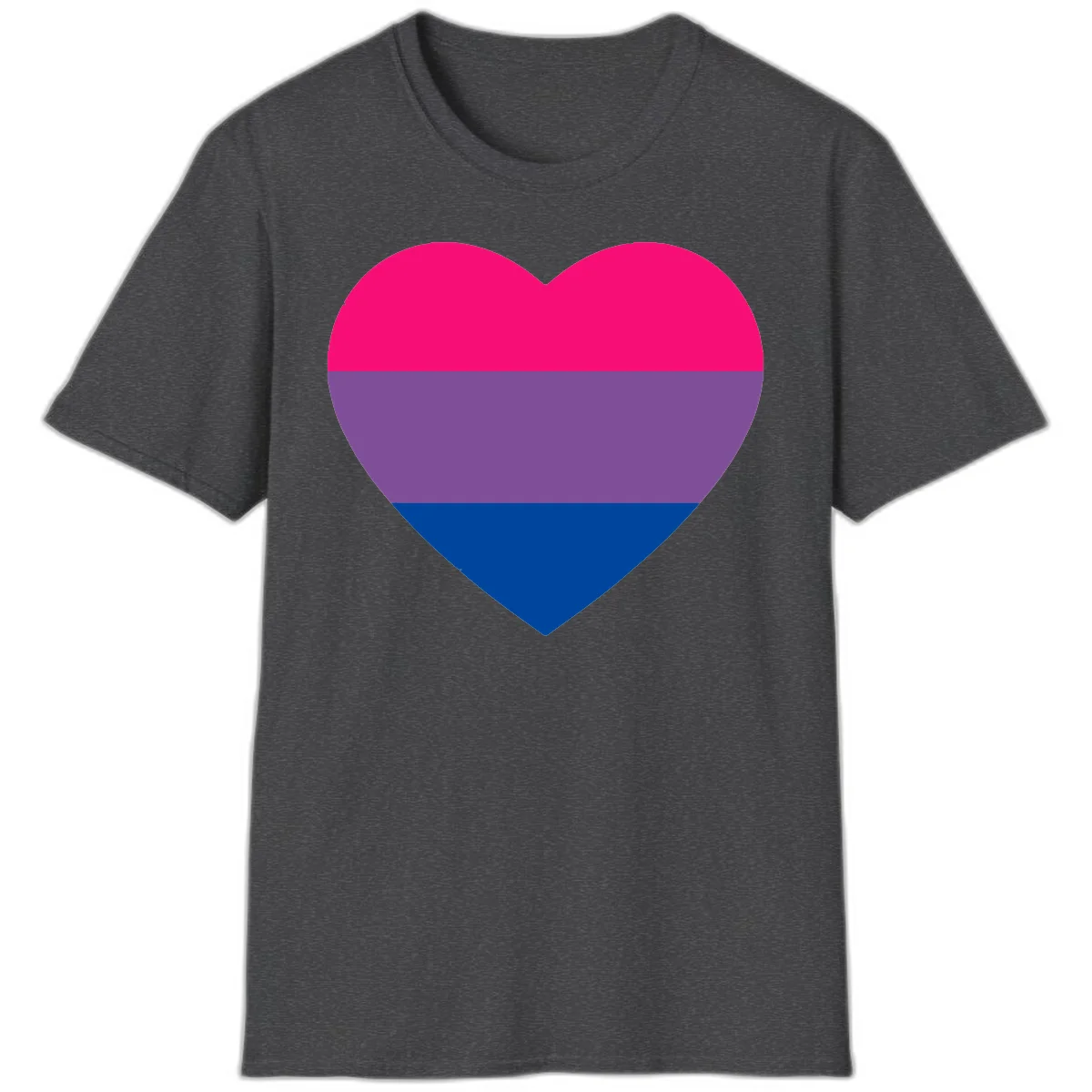 Heart shape filled with bisexual pride flag stripes in magenta, purple, and dark blue on gray background in Dark Heather