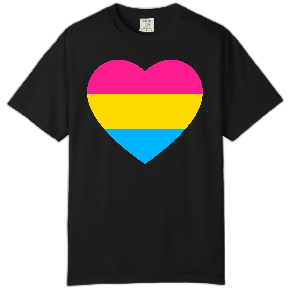 Pansexual pride heart with magenta, yellow, and cyan horizontal stripes on gray background in Black
