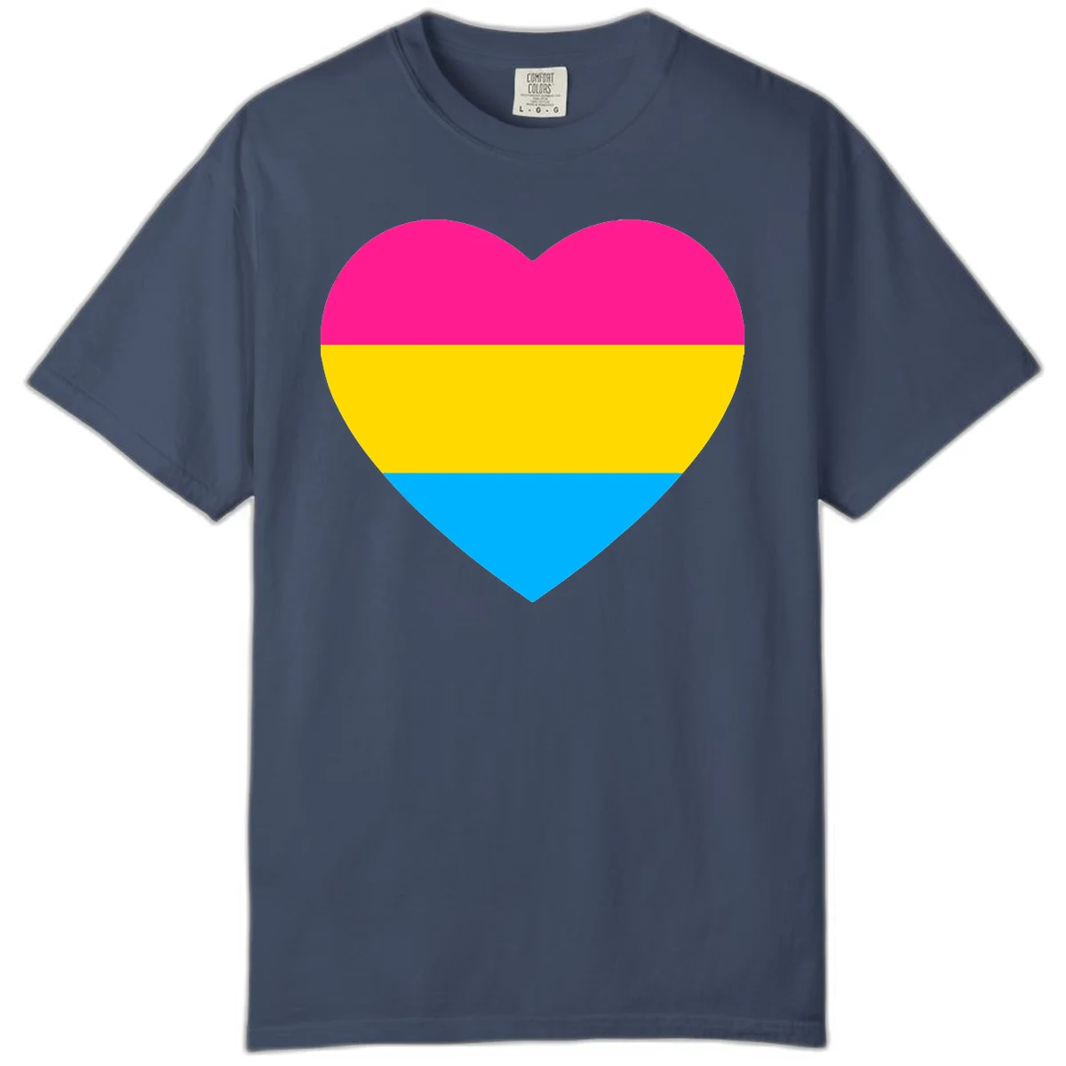 Pansexual pride heart with magenta, yellow, and cyan horizontal stripes on gray background in Midnight