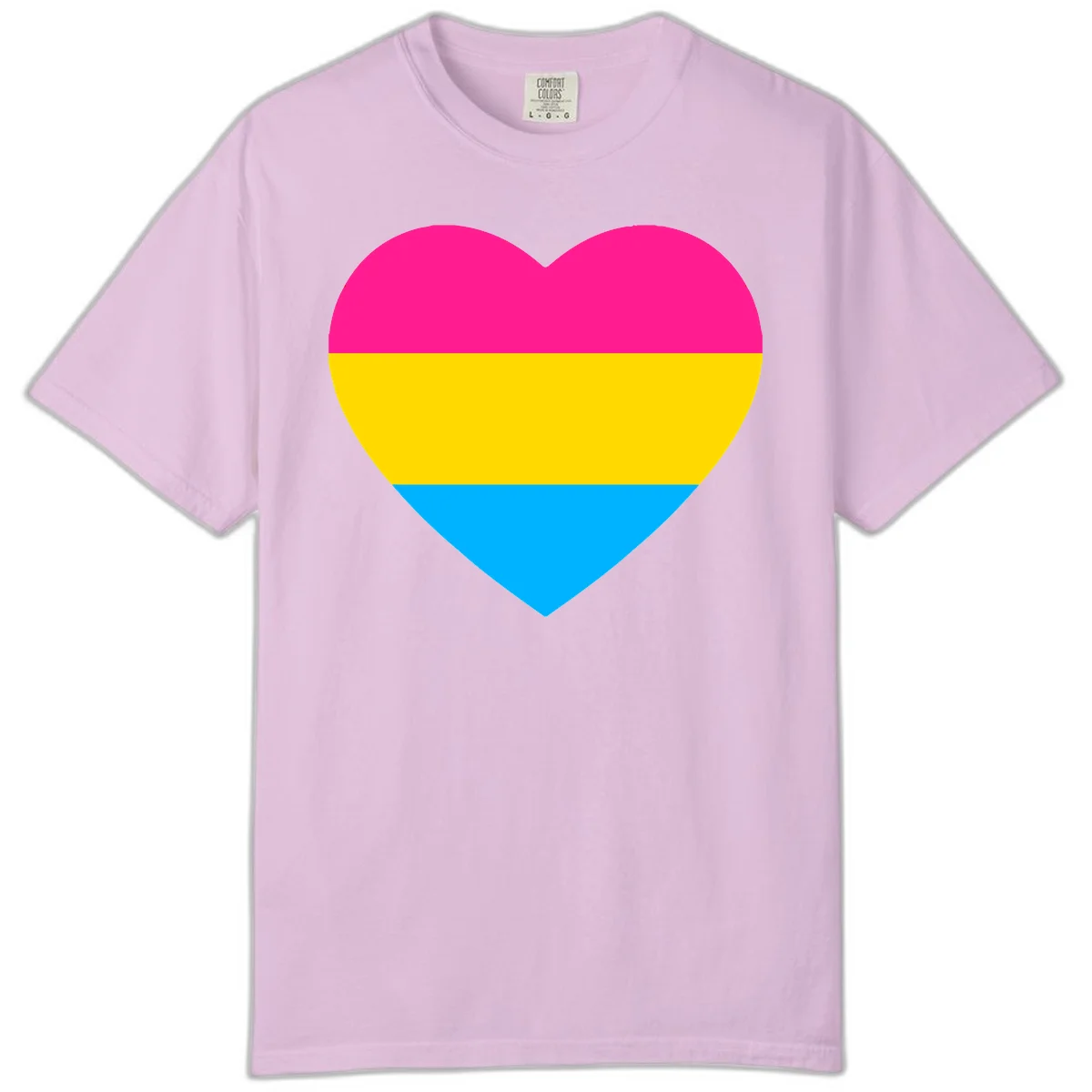 Pansexual pride heart with magenta, yellow, and cyan horizontal stripes on gray background in Orchid