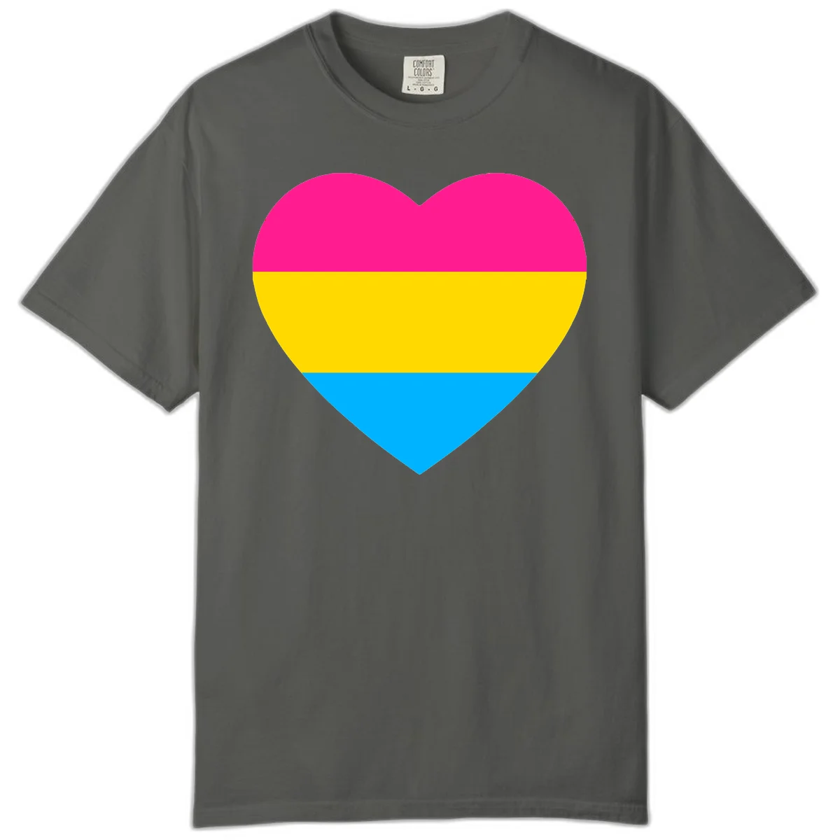 Pansexual pride heart with magenta, yellow, and cyan horizontal stripes on gray background in Pepper