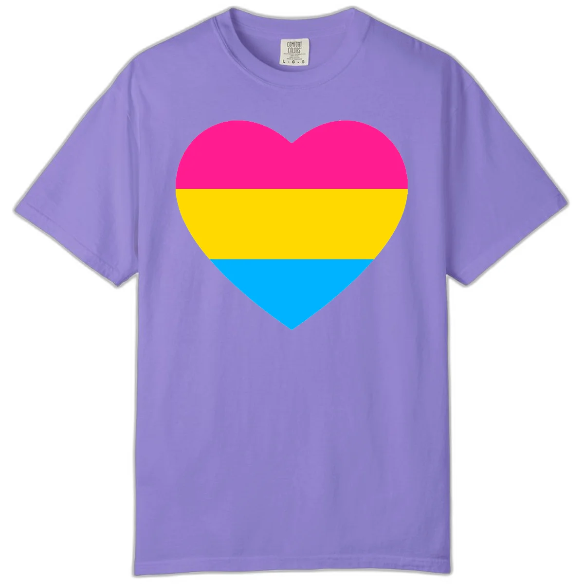 Pansexual pride heart with magenta, yellow, and cyan horizontal stripes on gray background in Violet