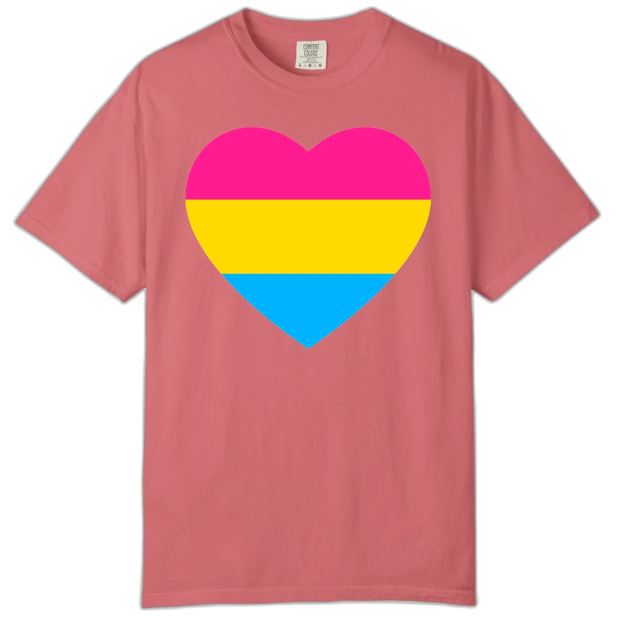 Pansexual pride heart with magenta, yellow, and cyan horizontal stripes on gray background in Watermelon