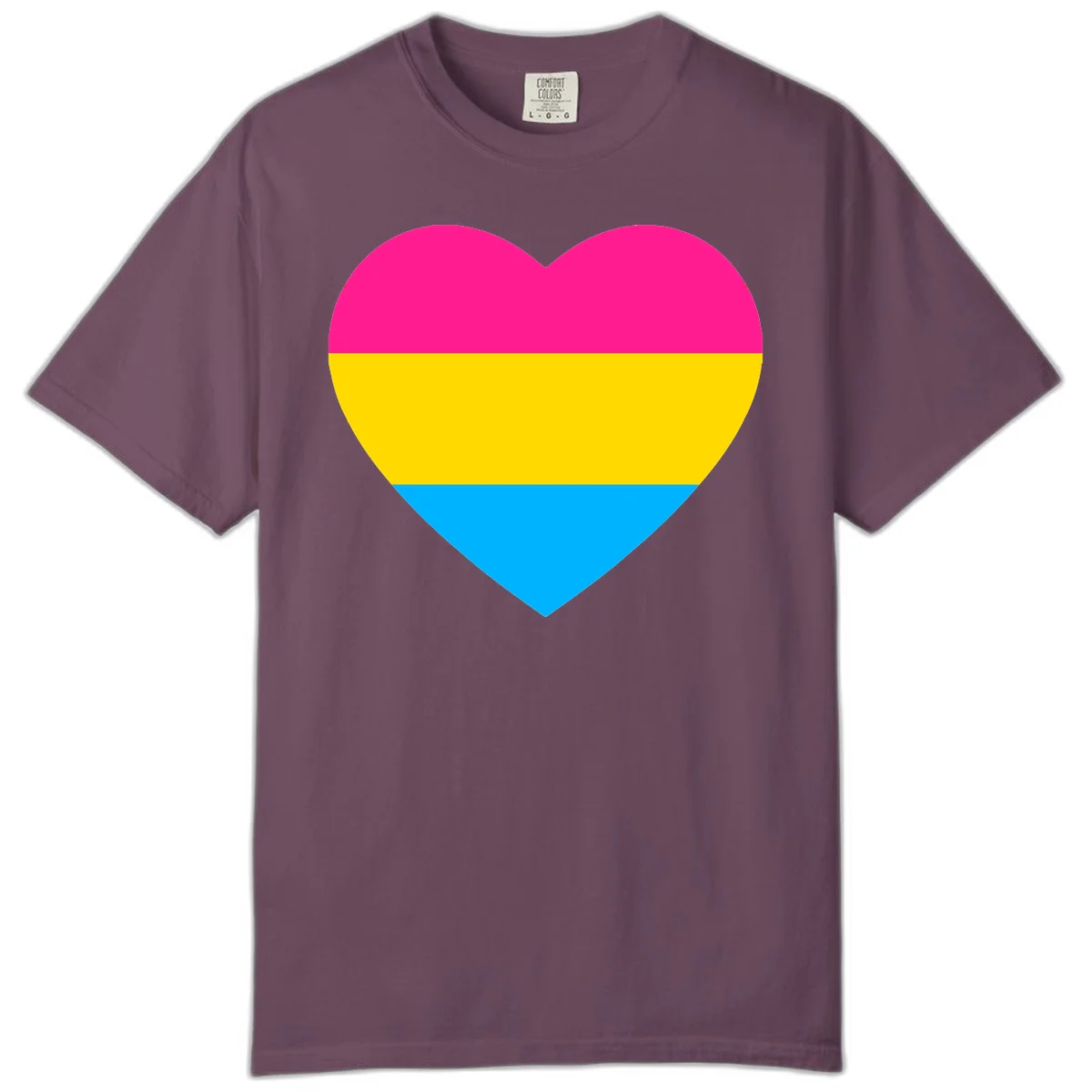 Pansexual pride heart with magenta, yellow, and cyan horizontal stripes on gray background in Berry