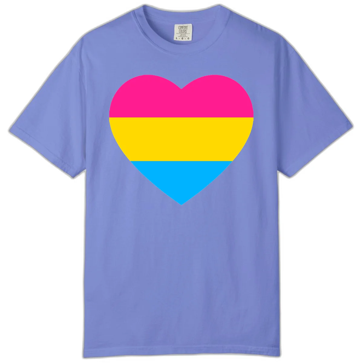 Pansexual pride heart with magenta, yellow, and cyan horizontal stripes on gray background in Flo Blue