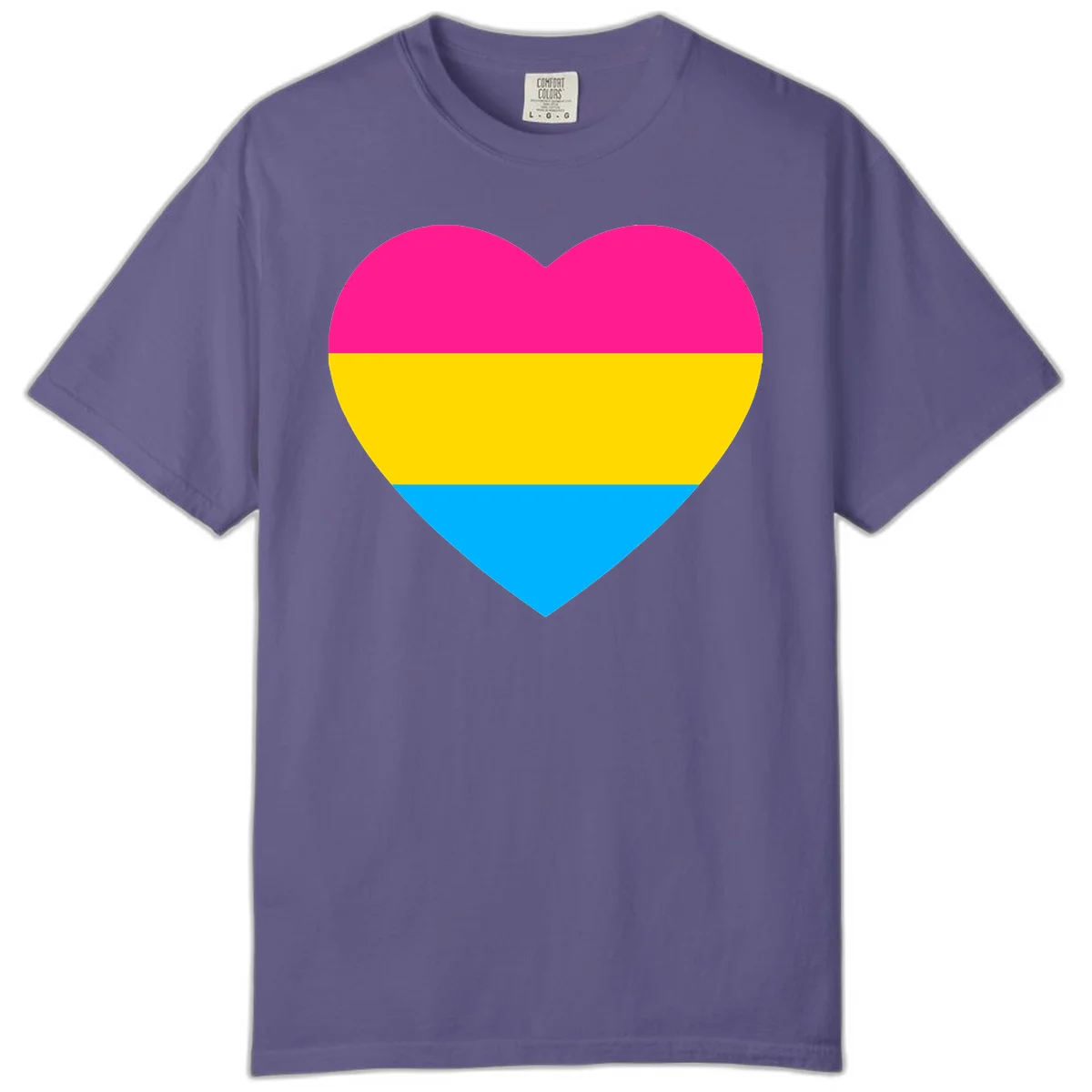 Pansexual pride heart with magenta, yellow, and cyan horizontal stripes on gray background in Grape