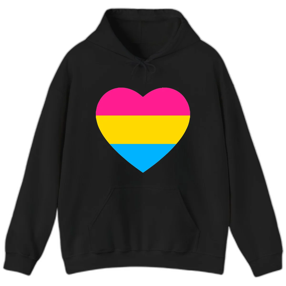 Pansexual pride heart with magenta, yellow, and cyan horizontal stripes on gray background in Black