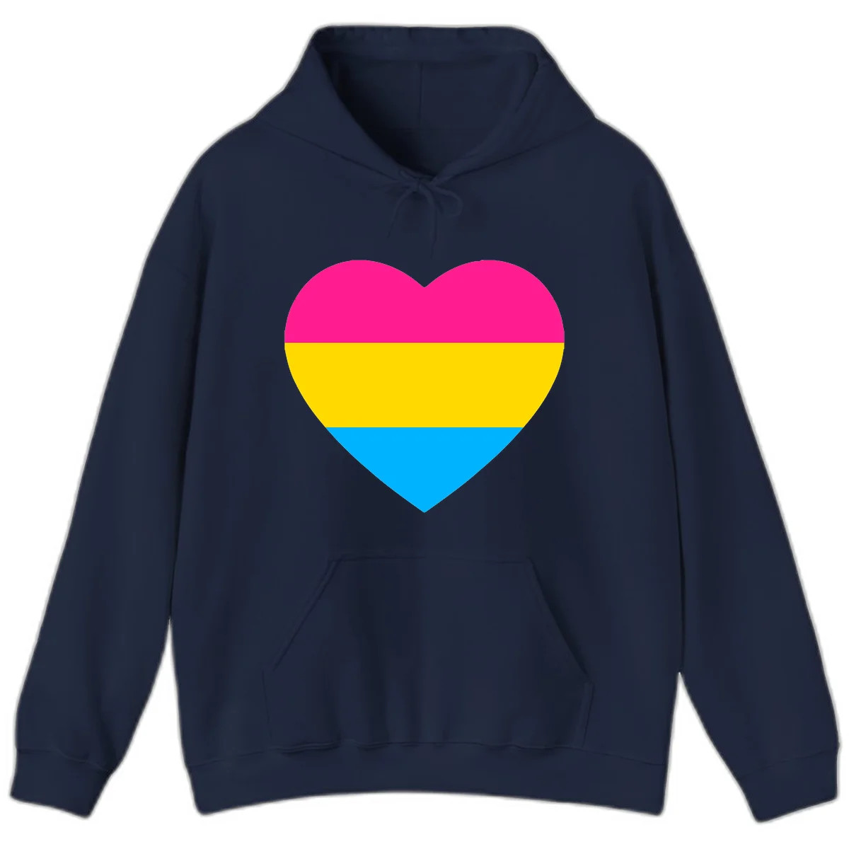 Pansexual pride heart with magenta, yellow, and cyan horizontal stripes on gray background in Navy