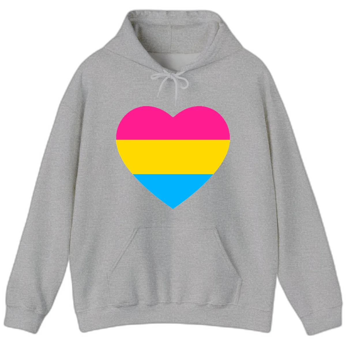 Pansexual pride heart with magenta, yellow, and cyan horizontal stripes on gray background in Sport Grey