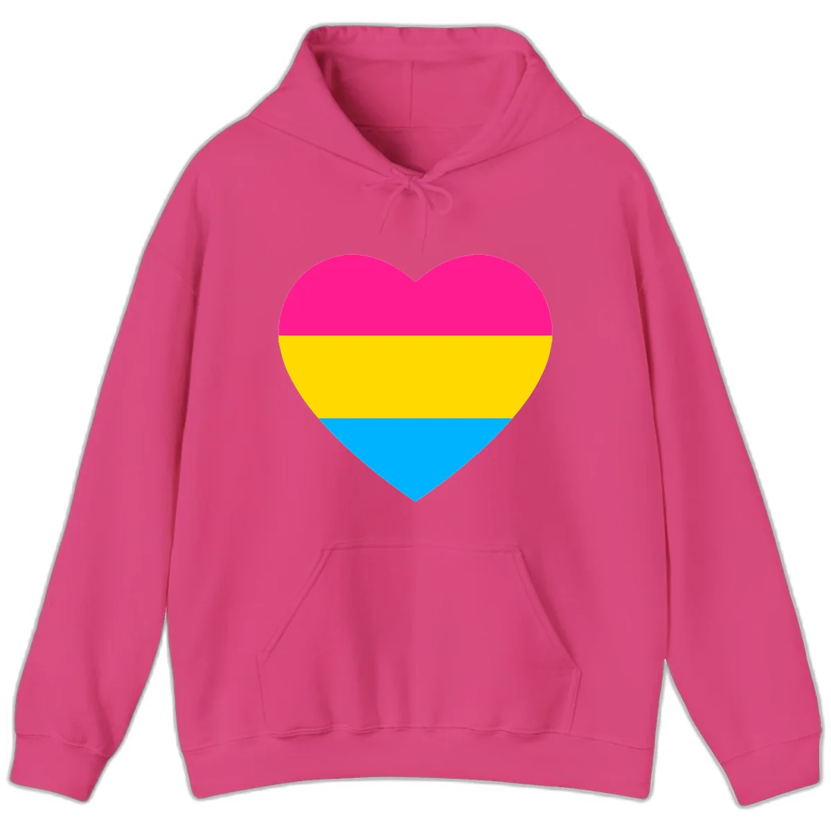 Pansexual pride heart with magenta, yellow, and cyan horizontal stripes on gray background in Heliconia