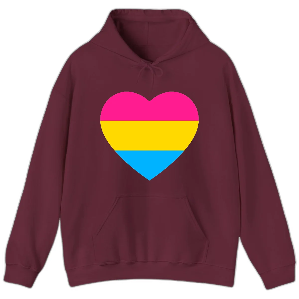 Pansexual pride heart with magenta, yellow, and cyan horizontal stripes on gray background in Maroon