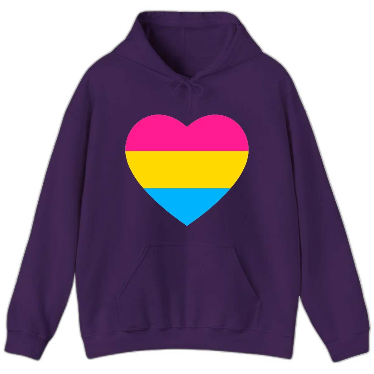 Pansexual pride heart with magenta, yellow, and cyan horizontal stripes on gray background in Purple