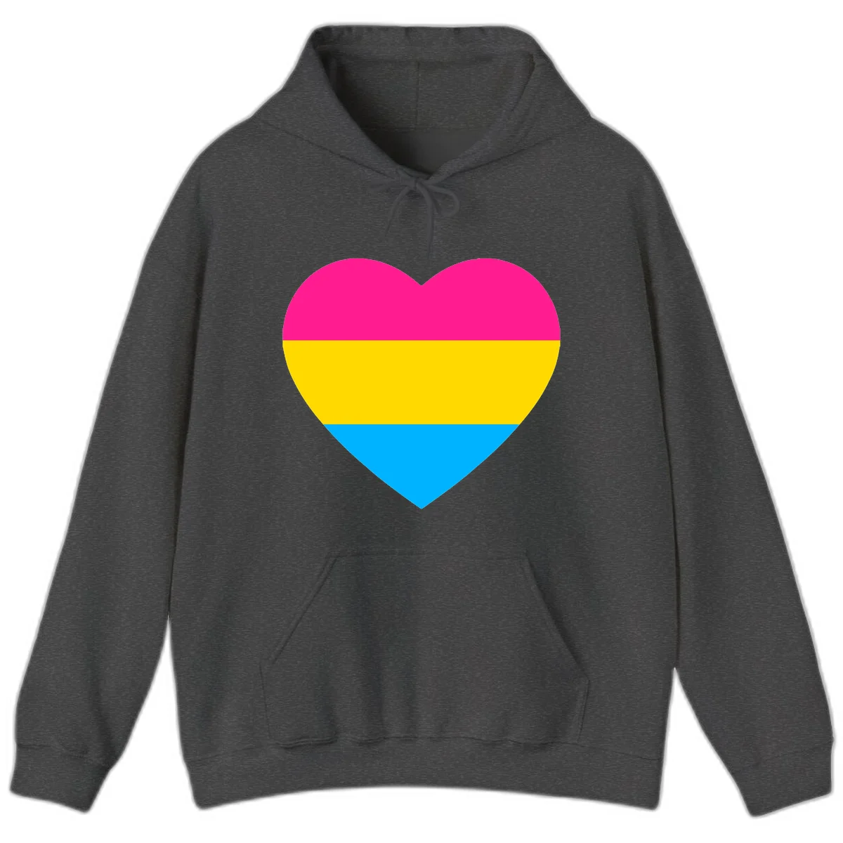 Pansexual pride heart with magenta, yellow, and cyan horizontal stripes on gray background in Dark Heather