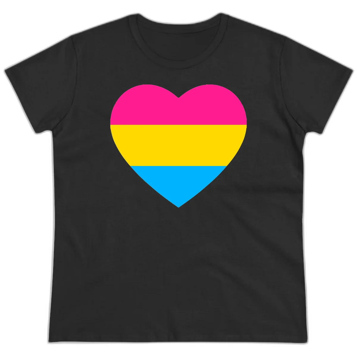 Pansexual pride heart with magenta, yellow, and cyan horizontal stripes on gray background in Black