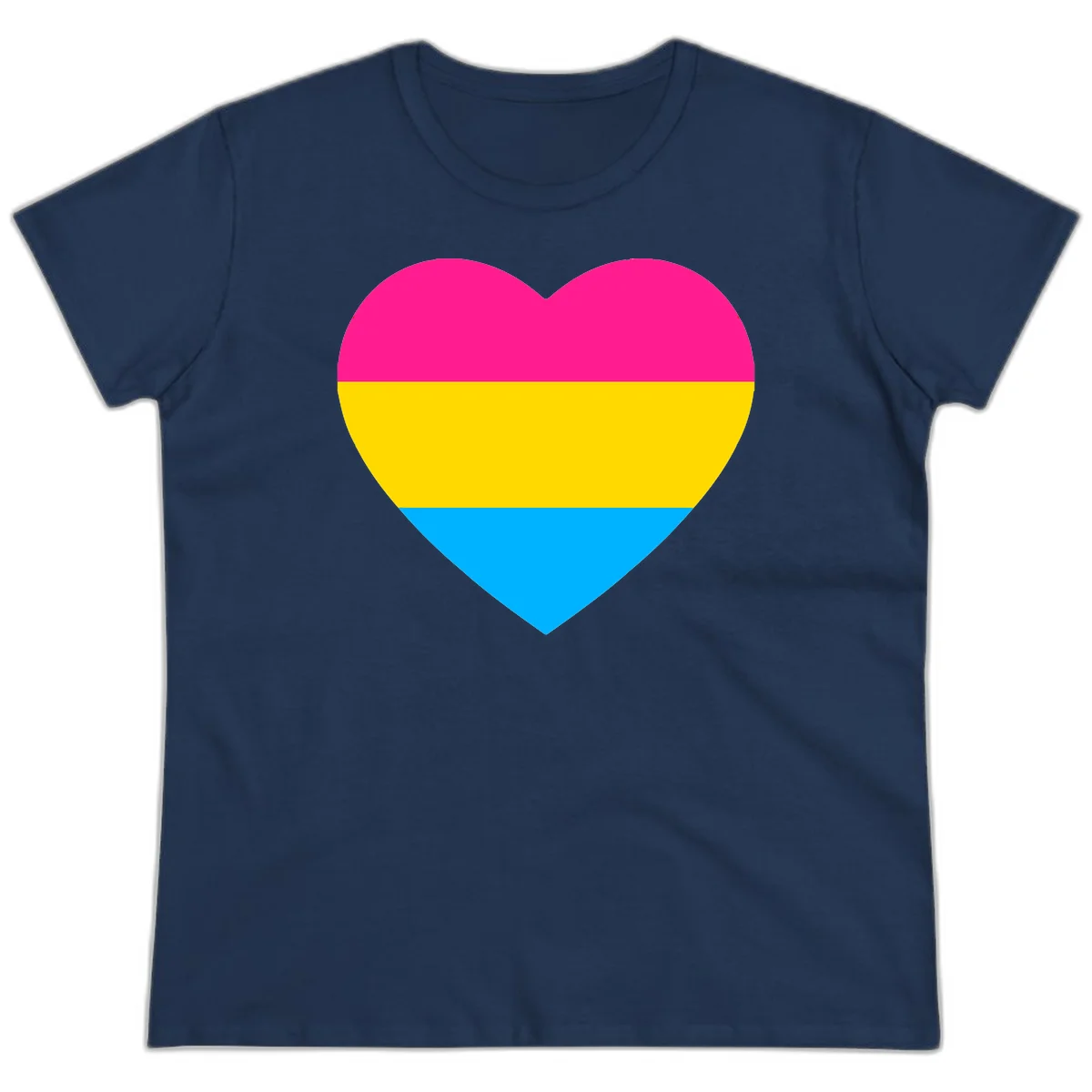 Pansexual pride heart with magenta, yellow, and cyan horizontal stripes on gray background in Navy