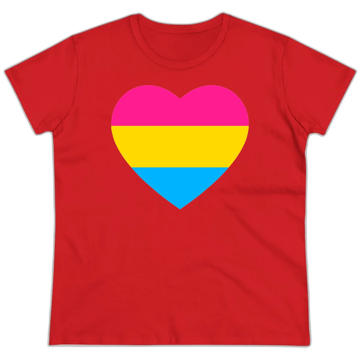 Pansexual pride heart with magenta, yellow, and cyan horizontal stripes on gray background in Red