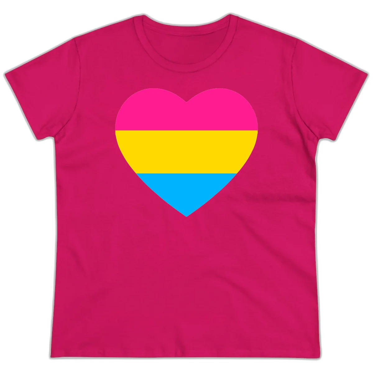 Pansexual pride heart with magenta, yellow, and cyan horizontal stripes on gray background in Heliconia