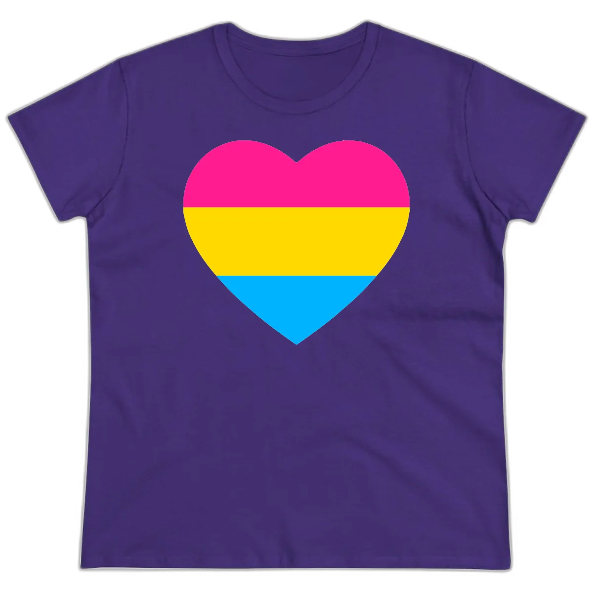 Pansexual pride heart with magenta, yellow, and cyan horizontal stripes on gray background in Purple