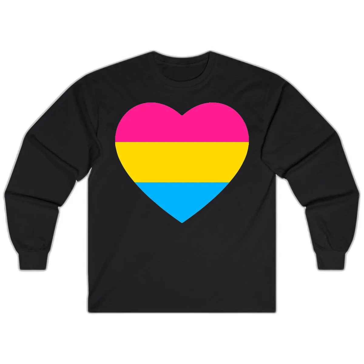 Pansexual pride heart with magenta, yellow, and cyan horizontal stripes on gray background in Black