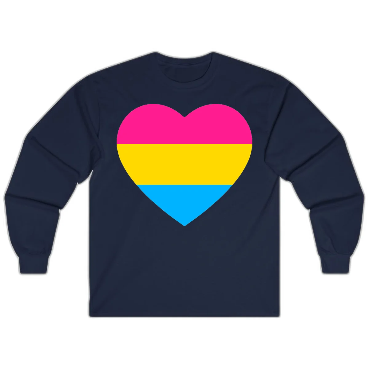 Pansexual pride heart with magenta, yellow, and cyan horizontal stripes on gray background in Navy