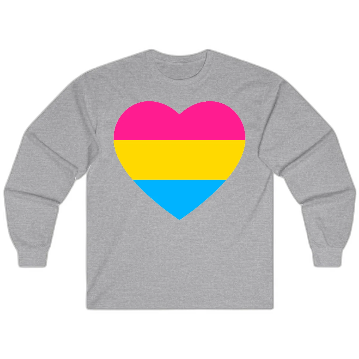 Pansexual pride heart with magenta, yellow, and cyan horizontal stripes on gray background in Sport Grey