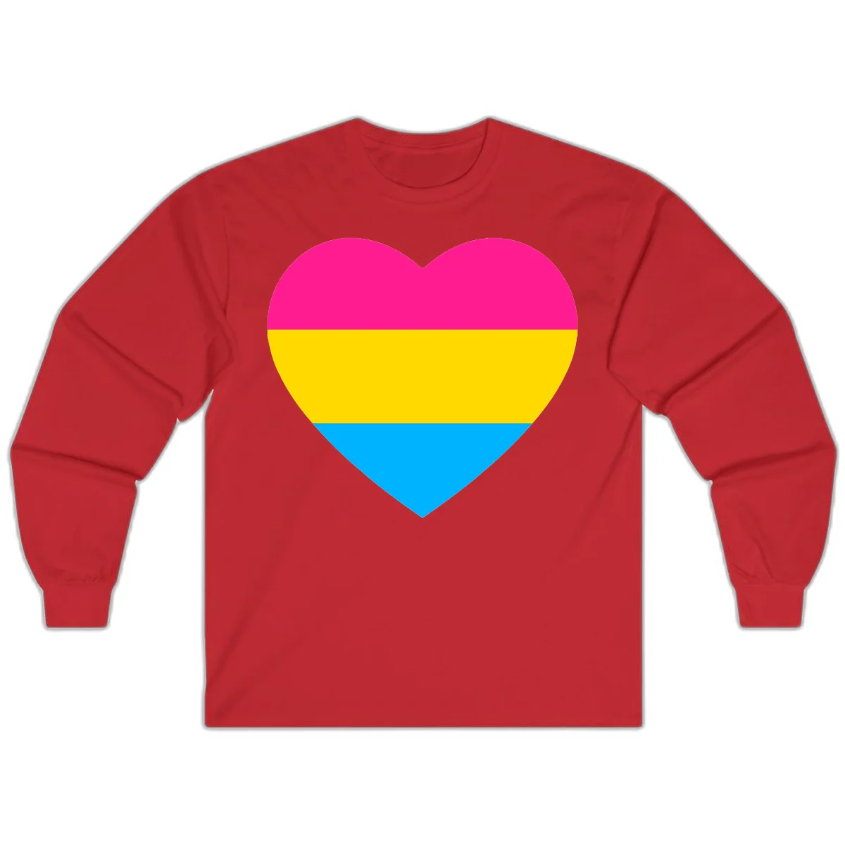 Pansexual pride heart with magenta, yellow, and cyan horizontal stripes on gray background in Red