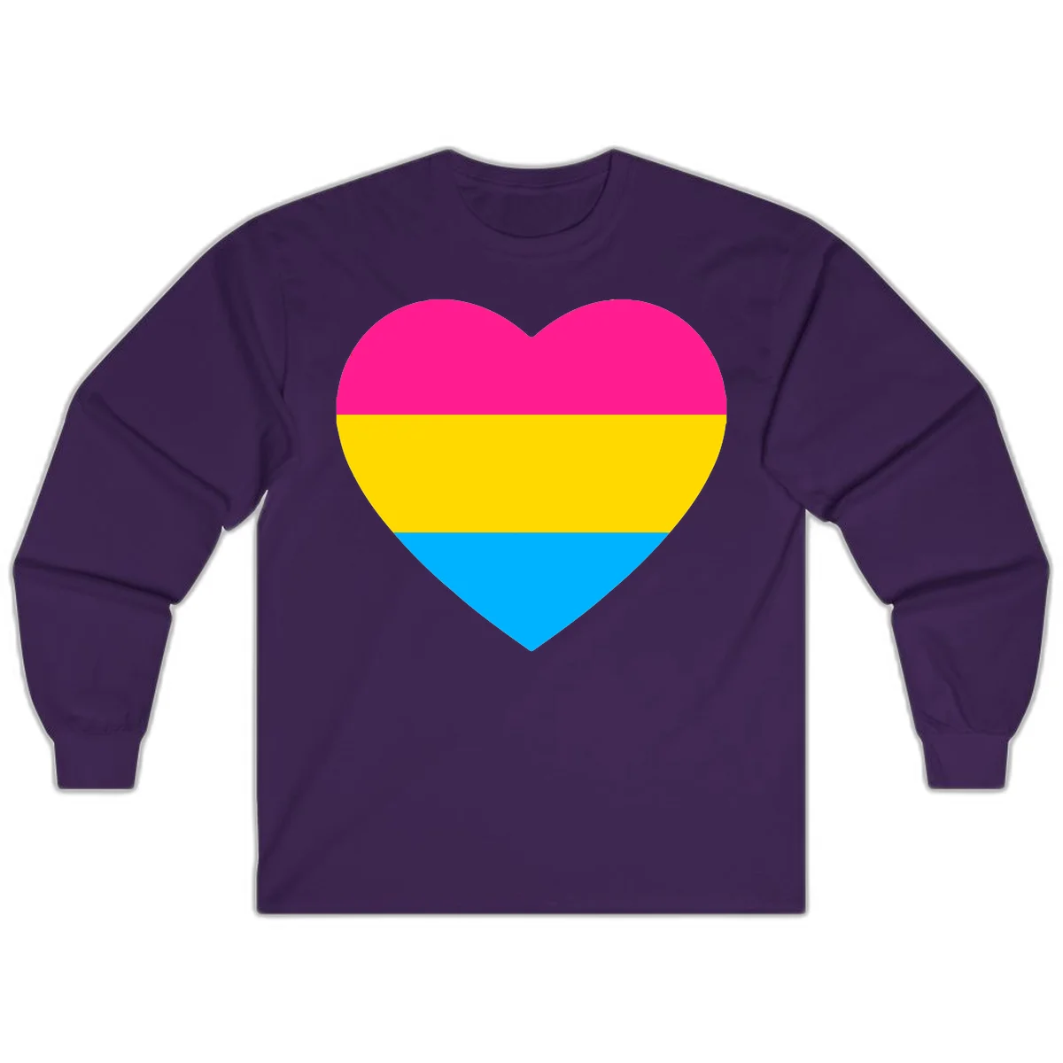 Pansexual pride heart with magenta, yellow, and cyan horizontal stripes on gray background in Purple