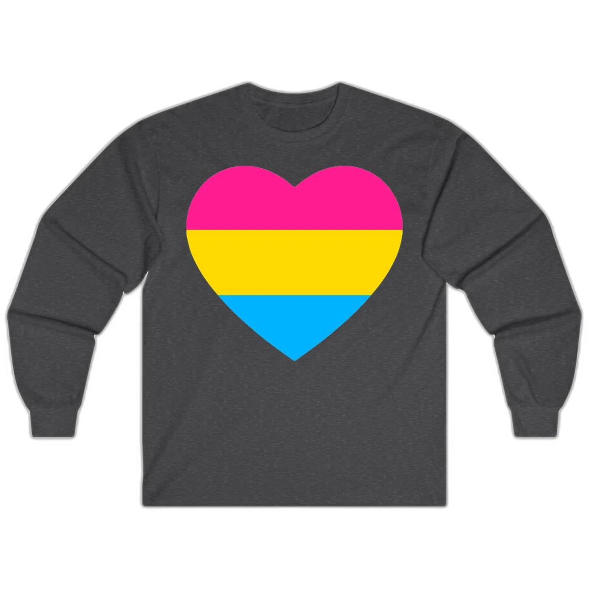 Pansexual pride heart with magenta, yellow, and cyan horizontal stripes on gray background in Dark Heather