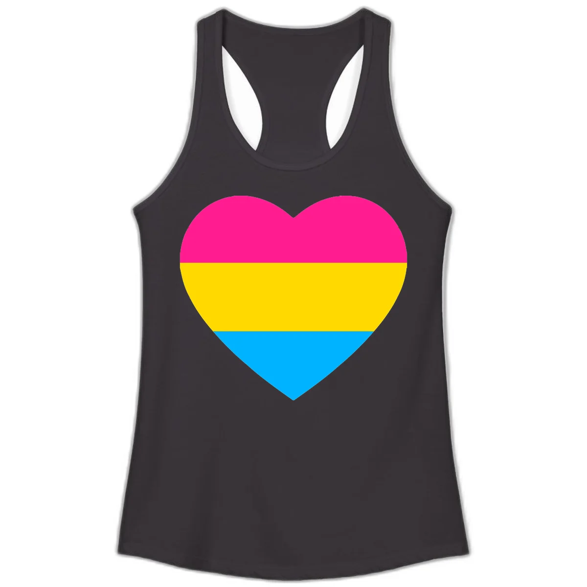 Pansexual pride heart with magenta, yellow, and cyan horizontal stripes on gray background in Black