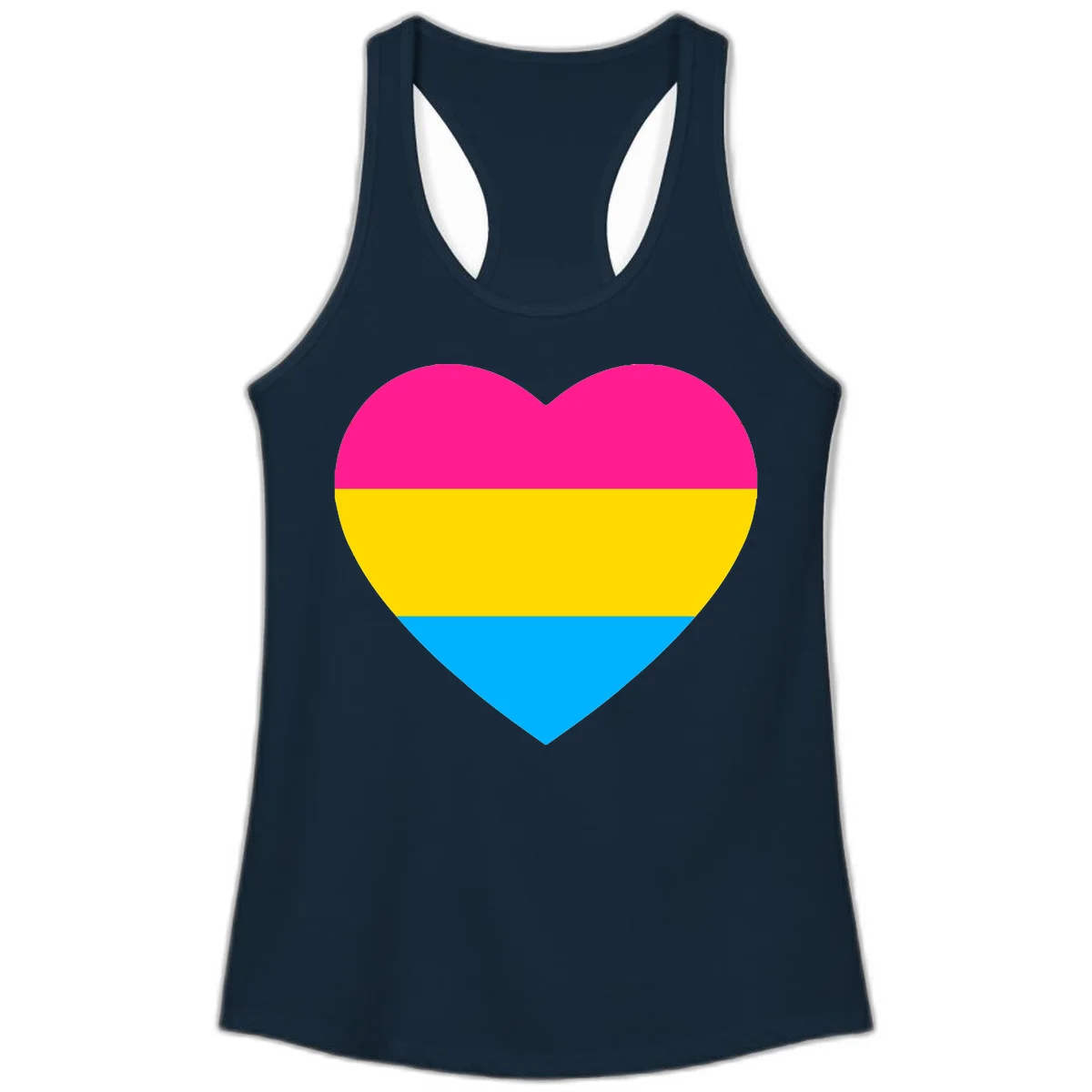 Pansexual pride heart with magenta, yellow, and cyan horizontal stripes on gray background in Solid Midnight Navy
