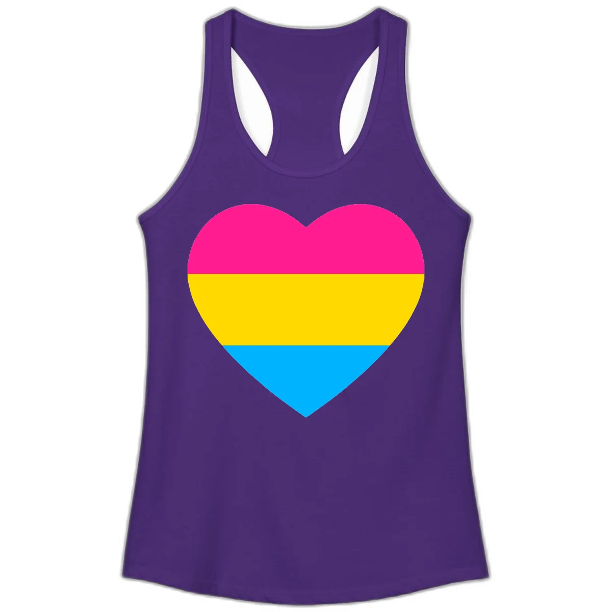 Pansexual pride heart with magenta, yellow, and cyan horizontal stripes on gray background in Solid Purple Rush