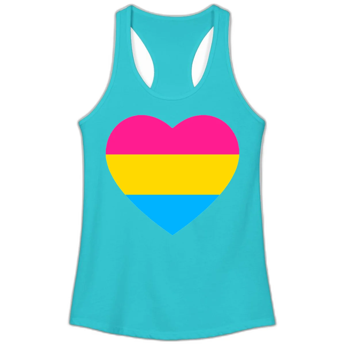 Pansexual pride heart with magenta, yellow, and cyan horizontal stripes on gray background in Solid Tahiti Blue