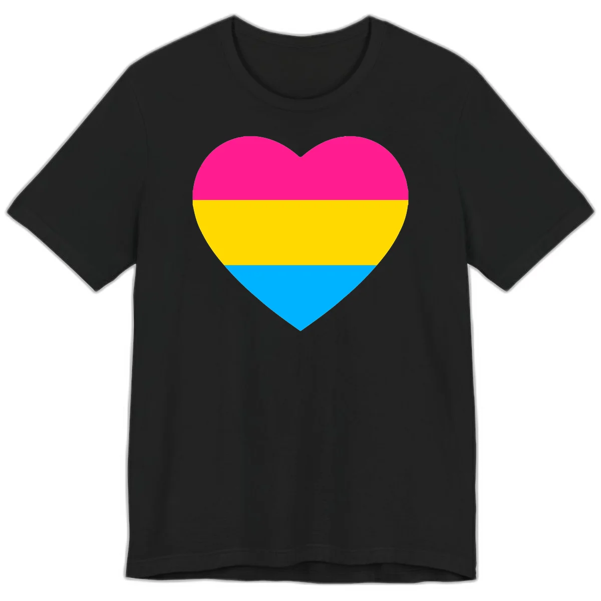 Pansexual pride heart with magenta, yellow, and cyan horizontal stripes on gray background in Black