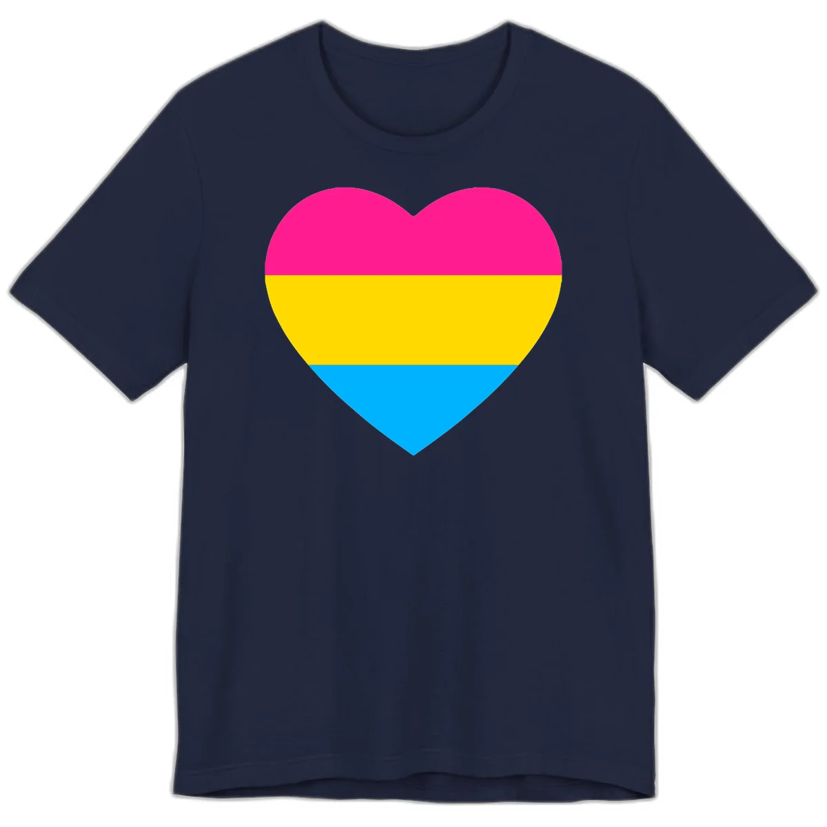 Pansexual pride heart with magenta, yellow, and cyan horizontal stripes on gray background in Navy