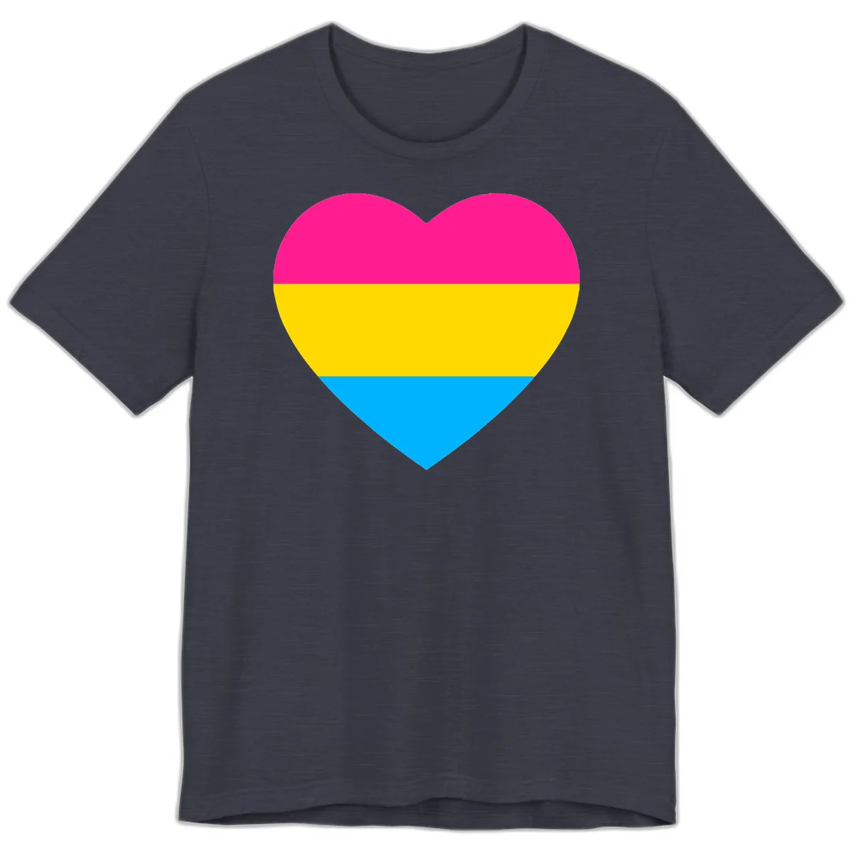 Pansexual pride heart with magenta, yellow, and cyan horizontal stripes on gray background in Heather Midnight Navy