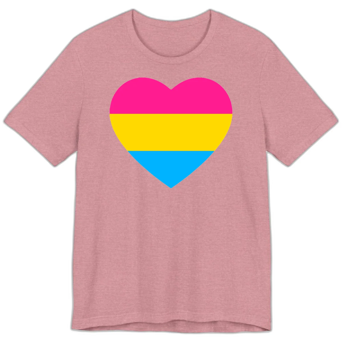 Pansexual pride heart with magenta, yellow, and cyan horizontal stripes on gray background in Heather Orchid