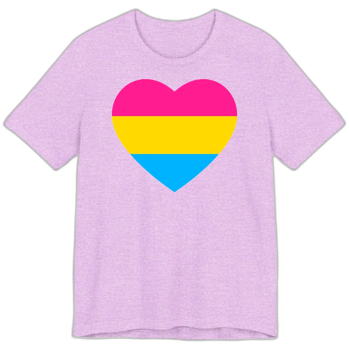 Pansexual pride heart with magenta, yellow, and cyan horizontal stripes on gray background in Heather Prism Lilac