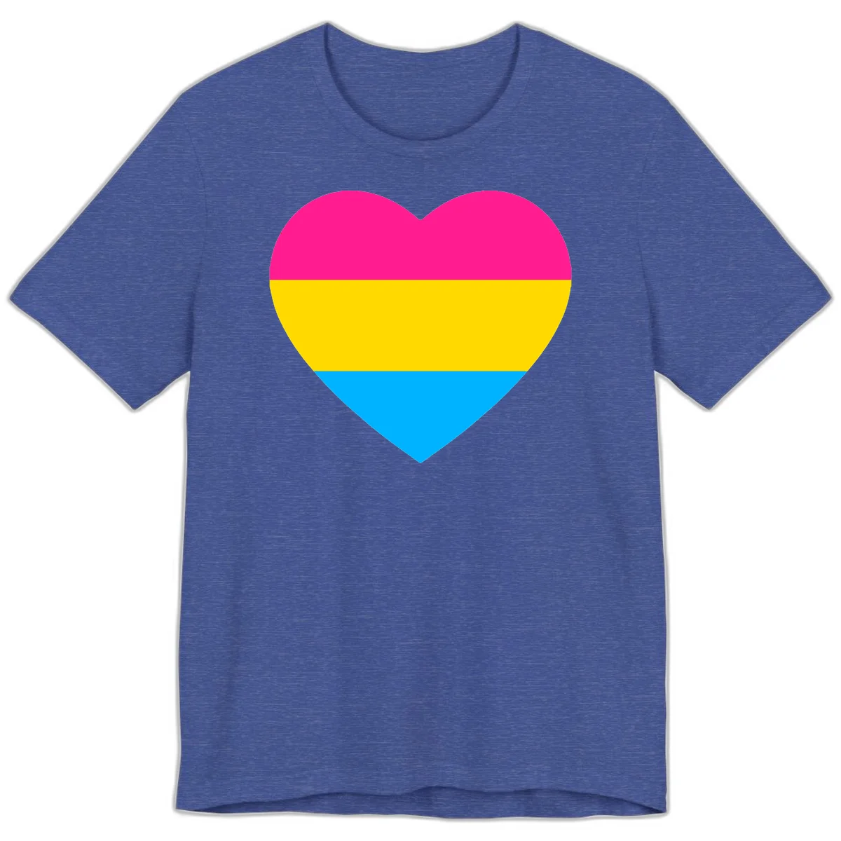 Pansexual pride heart with magenta, yellow, and cyan horizontal stripes on gray background in Heather True Royal