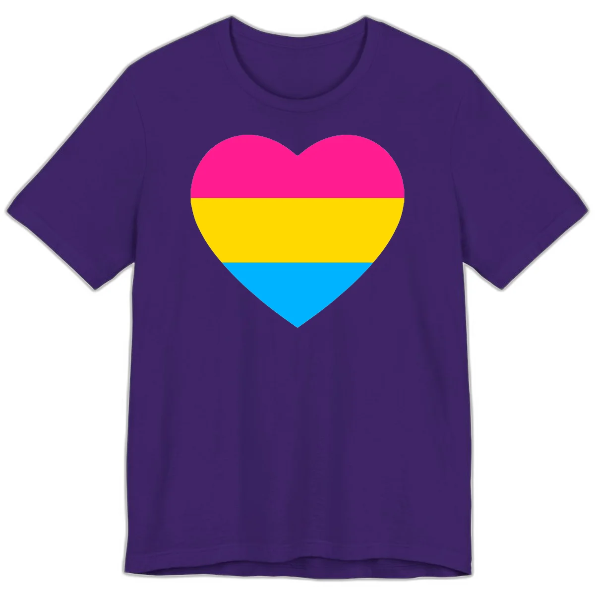Pansexual pride heart with magenta, yellow, and cyan horizontal stripes on gray background in Team Purple